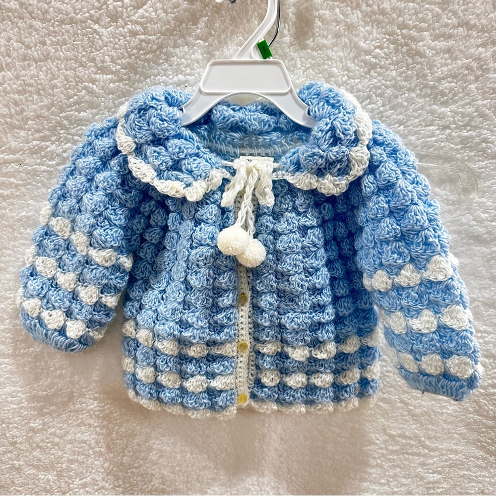 Blue and White Knitted Baby Sweater with Matching Hat